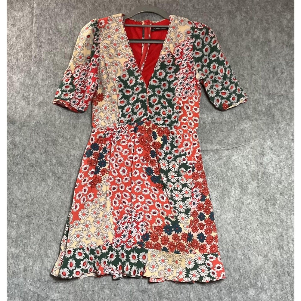 Zara Trafaluc Dress Womens S Multicolor Floral Fit & Flare Ruffle Hem V Neck